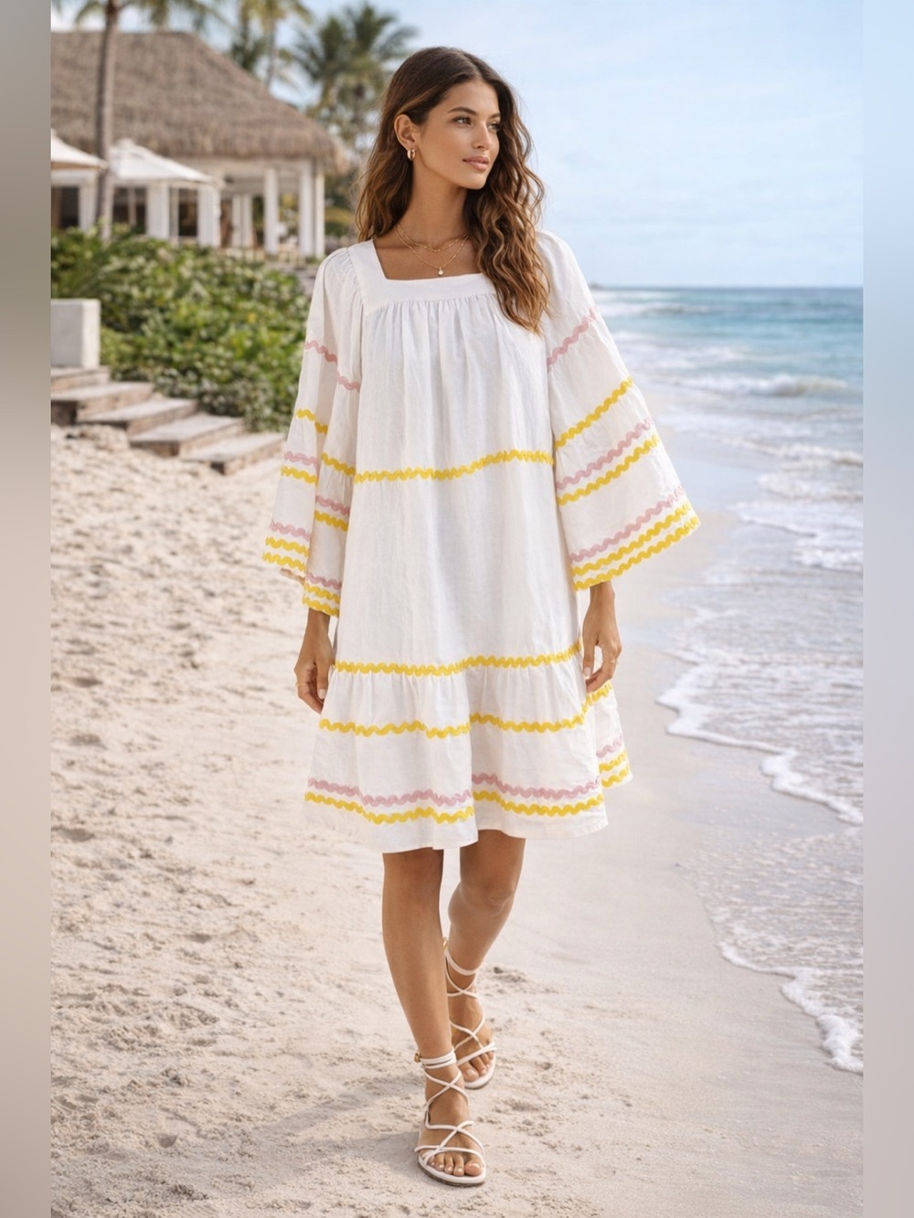NWT Lisa Marie Fernandez White Linen Trapeze Midi Dress Boho Flowy Summer Beach